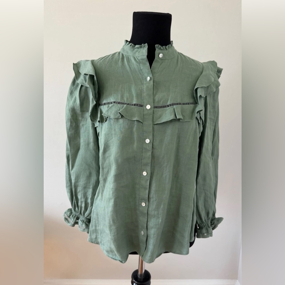 Veronica Beard Ruffled Button-Front Green Blouse - Picture 3 of 7